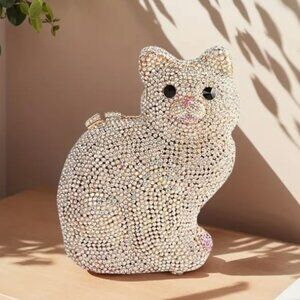 Cat Crystal Rhinestone Pastel Pink Kitten Clutch Purse Bag w/ Gold Chain Strap